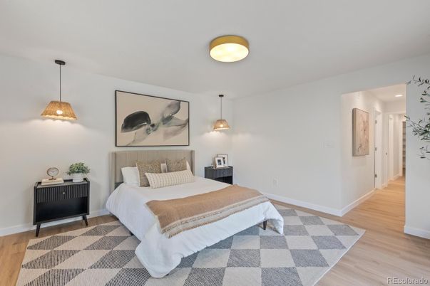 Bedroom, Interior, Pendant Lights, Recessed Lighting, Wood Texture Flooring
