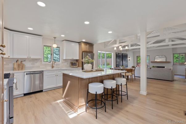 Dining room, Interior, Kitchen, Pendant Lights, Recessed Lighting, Stainless Steel Appliances, Wood Texture Flooring
