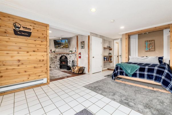 Bedroom, Fireplace, Interior, Recessed Lighting, Wooden Walls