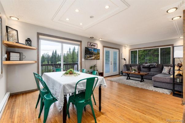 Dining room, Interior, Living room, Recessed Lighting, Wood Texture Flooring