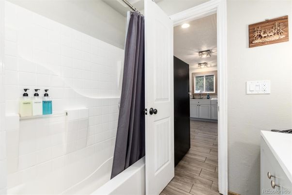Bathroom, Interior, Recessed Lighting, Wood Texture Flooring