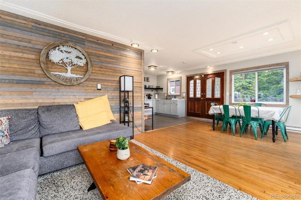Dining room, Interior, Kitchen, Living room, Recessed Lighting, Wood Texture Flooring, Wooden Walls