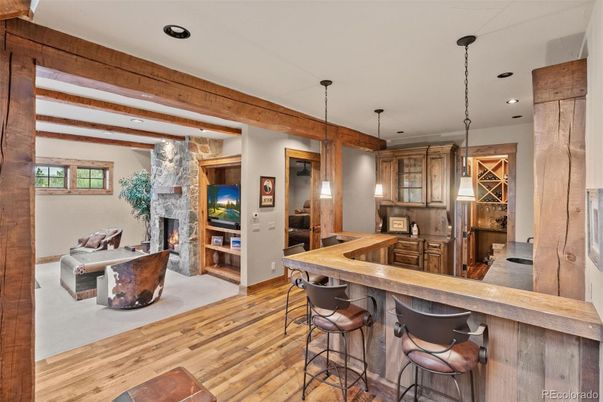 Fireplace, Interior, Pendant Lights, Recessed Lighting, Wood Texture Flooring