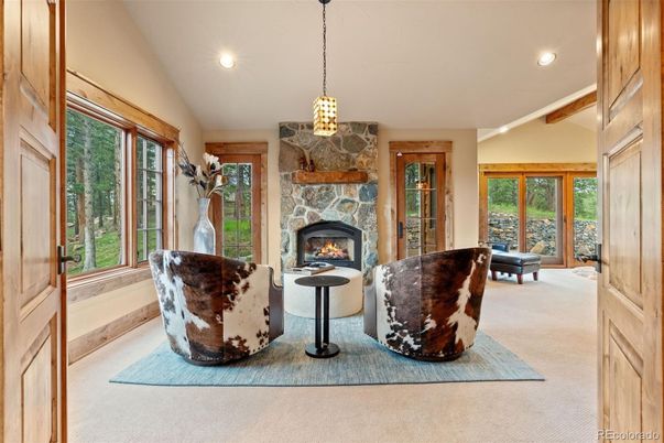 Fireplace, Interior, Pendant Lights, Recessed Lighting, Stone Walls