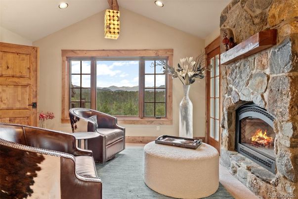 Fireplace, Interior, Living room, Recessed Lighting, Stone Walls