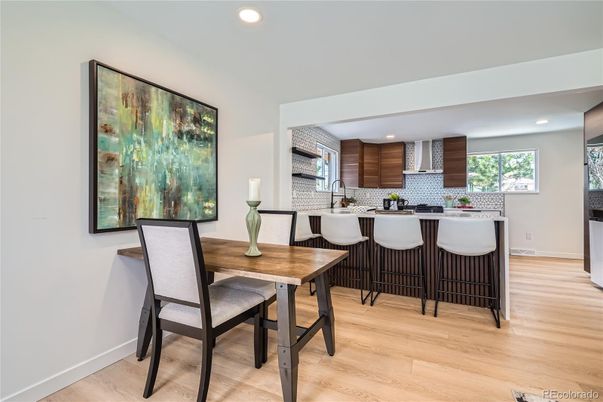 Dining room, Interior, Kitchen, Recessed Lighting, Wood Texture Flooring