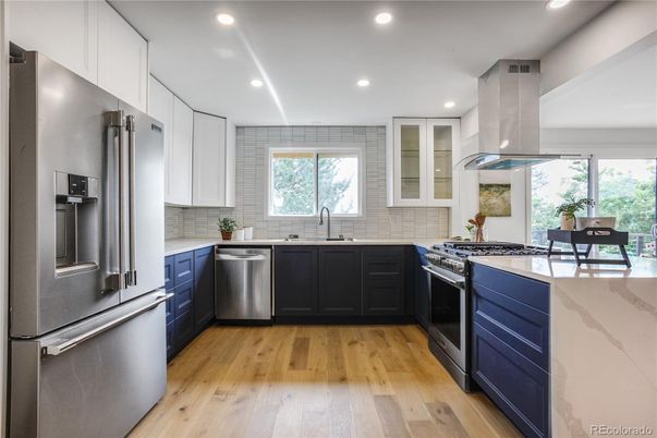 Dining room, Interior, Kitchen, Recessed Lighting, Stainless Steel Appliances, Wood Texture Flooring