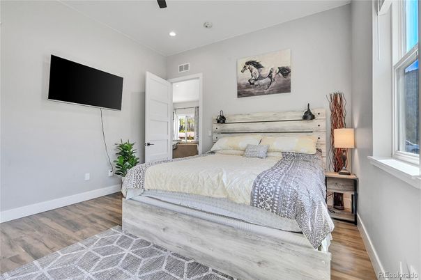 Bedroom, Interior, Recessed Lighting, Wood Texture Flooring