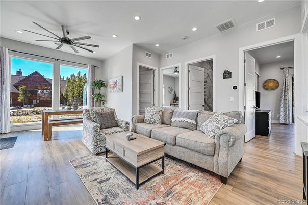 Interior, Living room, Recessed Lighting, Wood Texture Flooring