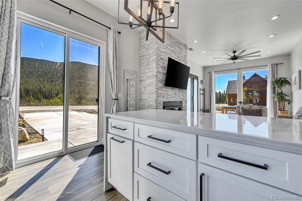 Interior, Kitchen, Pendant Lights, Recessed Lighting, Stone Walls, Wood Texture Flooring