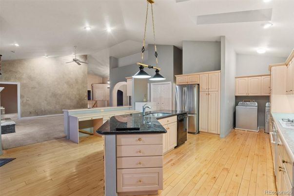 Interior, Kitchen, Pendant Lights, Recessed Lighting, Washer, Wood Texture Flooring