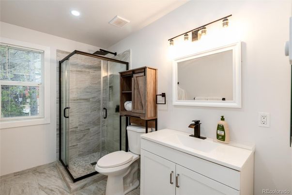Bathroom, Glass Shower, Interior, Marble, Marble Walls, Recessed Lighting