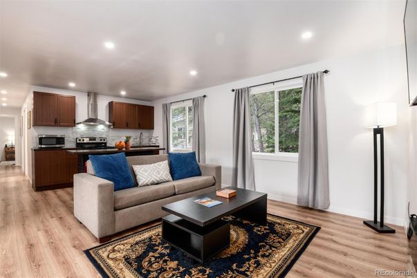Interior, Kitchen, Living room, Recessed Lighting, Stainless Steel Appliances, Wood Texture Flooring