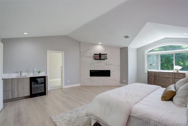 Bedroom, Fireplace, Interior, Marble Walls, Recessed Lighting, Wood Texture Flooring