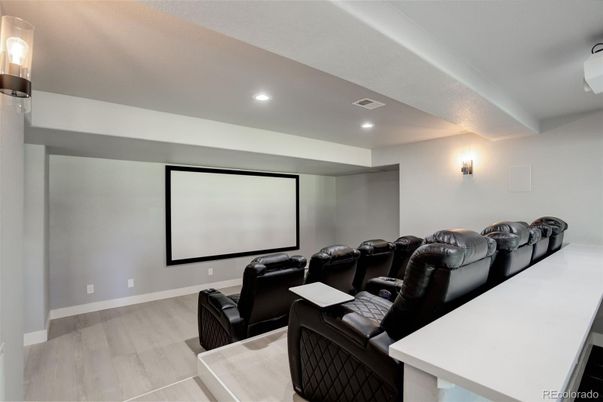 Home Theatre Room, Interior, Projection Screen, Recessed Lighting, Theatre Room, Wood Texture Flooring