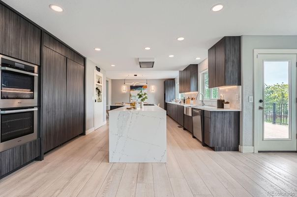 Interior, Kitchen, Pendant Lights, Recessed Lighting, Stainless Steel Appliances, Wood Texture Flooring