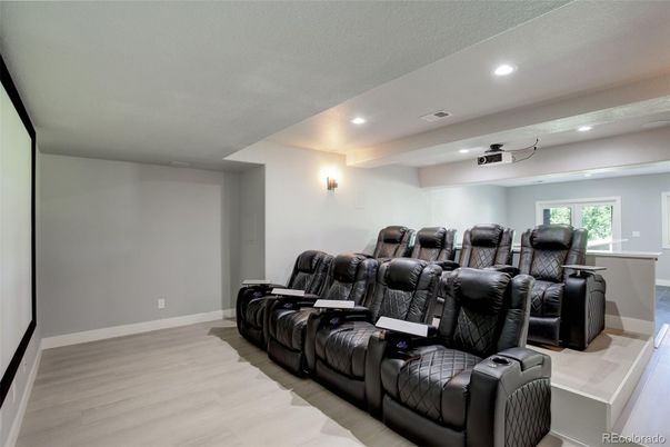 Home Theatre Room, Interior, Recessed Lighting, Theatre Room, Wood Texture Flooring