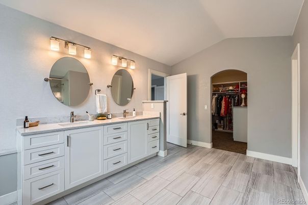 Bathroom, Dual Sink Vanities, Interior, Walk-in Closets, Wood Texture Flooring