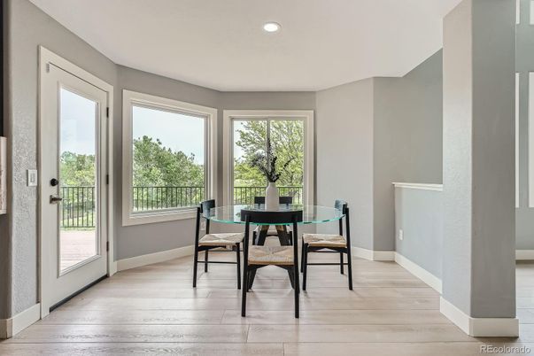 Dining room, Interior, Recessed Lighting, Wood Texture Flooring