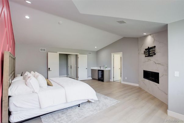 Bedroom, Fireplace, Interior, Marble Walls, Recessed Lighting, Wood Texture Flooring