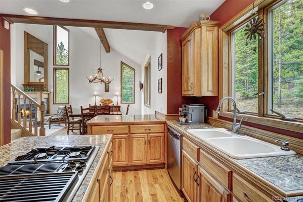 Chandelier, Dining room, Interior, Kitchen, Recessed Lighting, Wooden Beams, Wood Texture Flooring