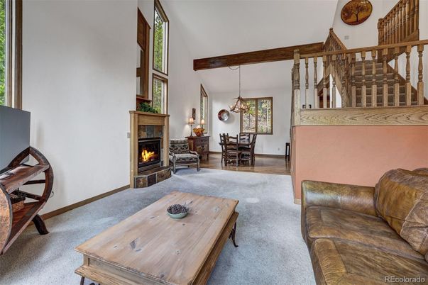 Dining room, Fireplace, Interior, Living room, Pendant Lights, Wooden Beams
