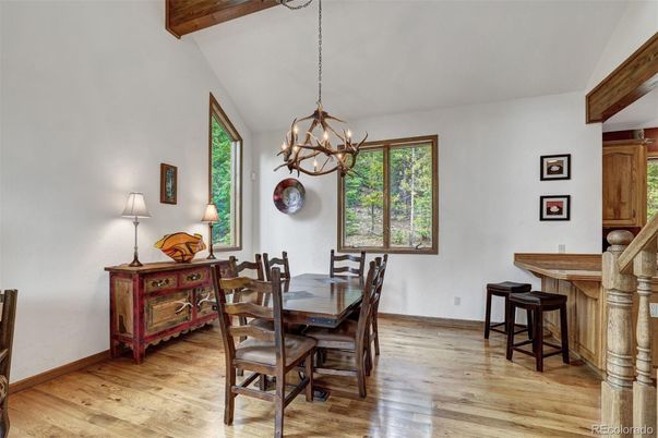 Chandelier, Dining room, Interior, Pendant Lights, Wooden Beams, Wood Texture Flooring