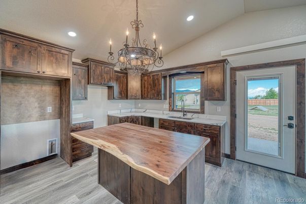 Chandelier, Interior, Kitchen, Recessed Lighting, Wood Texture Flooring