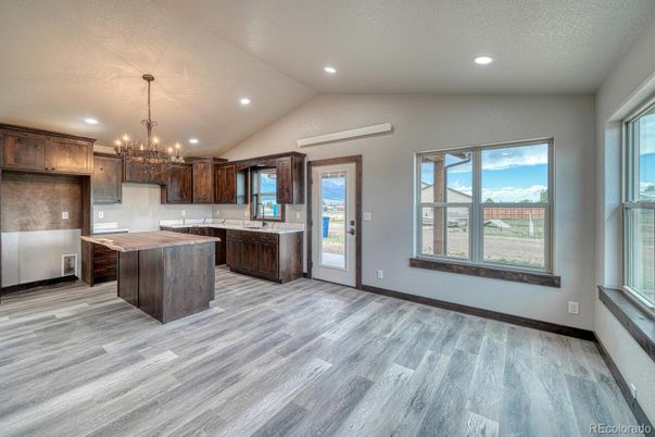 Chandelier, Interior, Kitchen, Recessed Lighting, Wood Texture Flooring