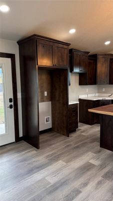 Interior, Kitchen, Recessed Lighting, Wood Texture Flooring