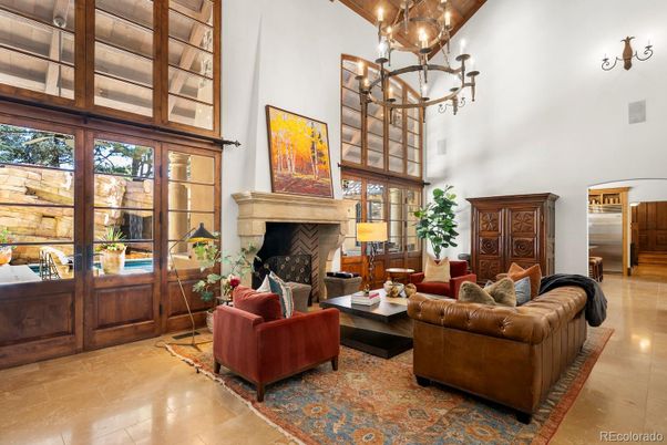 Chandelier, Fireplace, Interior, Living room