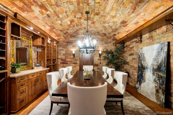 Chandelier, Dining room, Interior, Pendant Lights, Stone Walls, Wood Texture Flooring