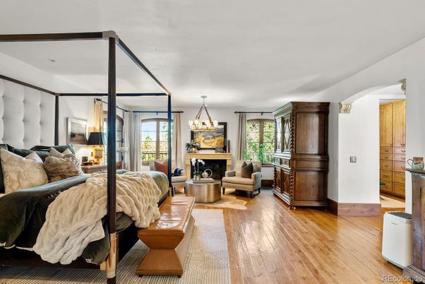 Bedroom, Chandelier, Fireplace, Interior, Living room, Wood Texture Flooring
