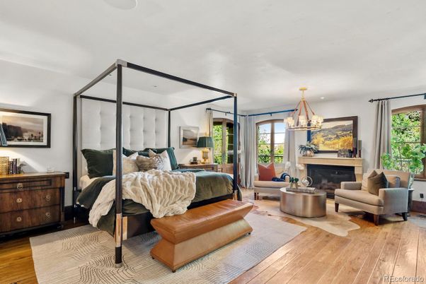 Bedroom, Chandelier, Fireplace, Interior, Wood Texture Flooring