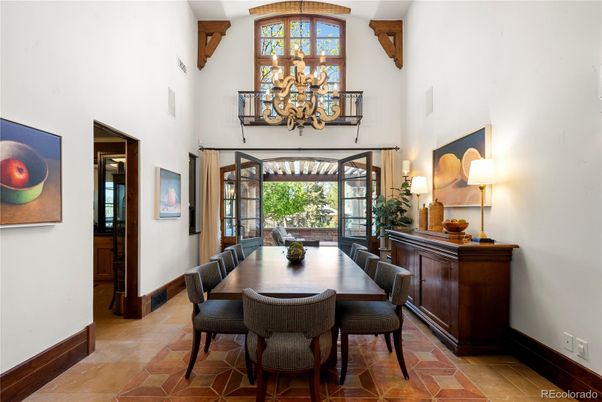 Chandelier, Dining room, Interior, Wooden Beams