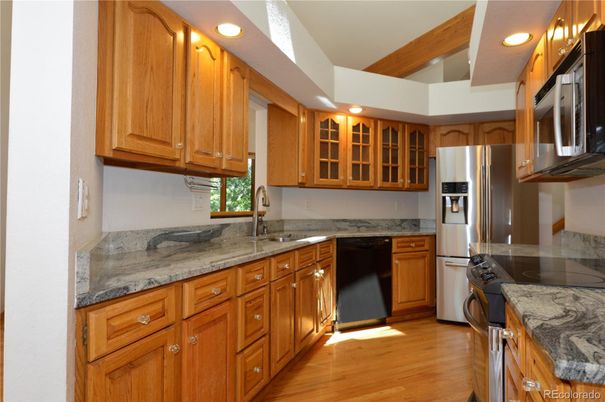 Interior, Kitchen, Recessed Lighting, Stainless Steel Appliances, Wooden Beams, Wood Texture Flooring