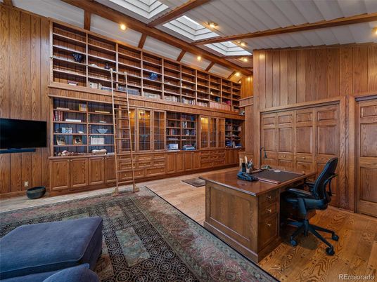 Home Office, Interior, Recessed Lighting, Wooden Beams, Wood Texture Flooring, Wooden Walls