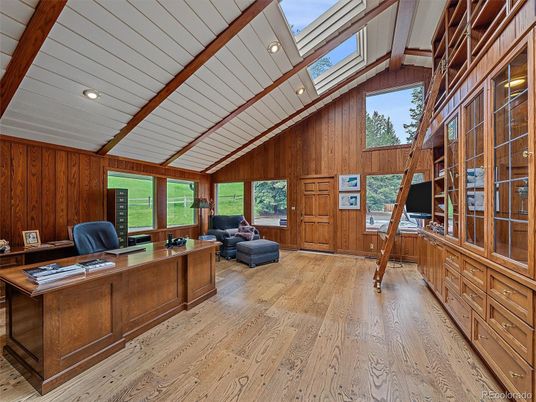 Home Office, Interior, Recessed Lighting, Wood Texture Flooring, Wooden Walls