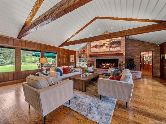 Fireplace, Interior, Living room, Recessed Lighting, Stone Walls, Wooden Beams, Wood Texture Flooring, Wooden Walls