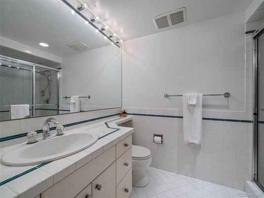 Bathroom, Glass Shower, Interior, Recessed Lighting, Tile Countertops