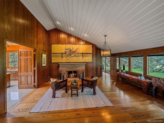 Fireplace, Interior, Living room, Pendant Lights, Wood Texture Flooring, Wooden Walls