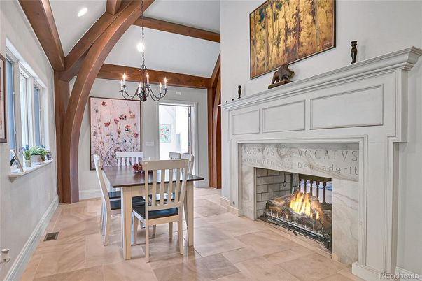 Chandelier, Dining room, Fireplace, Interior, Pendant Lights, Wooden Beams