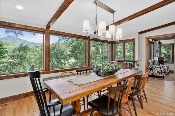 Chandelier, Dining room, Interior, Recessed Lighting, Wood Texture Flooring