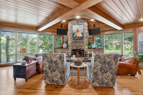Fireplace, Interior, Living room, Stone Walls, Wooden Beams, Wooden Ceilings, Wood Texture Flooring