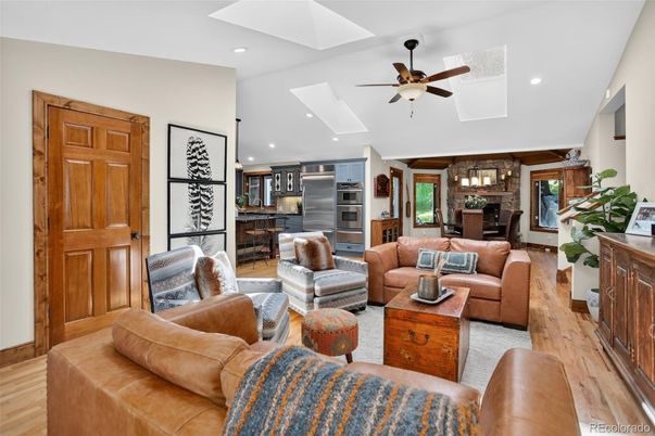Dining room, Interior, Kitchen, Living room, Pendant Lights, Recessed Lighting, Stainless Steel Appliances, Wood Texture Flooring