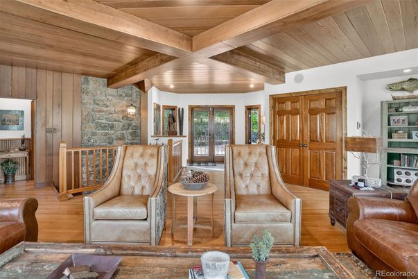 Fireplace, Interior, Living room, Recessed Lighting, Stone Walls, Wooden Beams, Wooden Ceilings, Wood Texture Flooring