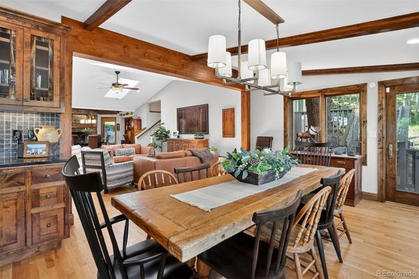 Chandelier, Dining room, Interior, Recessed Lighting, Wooden Beams, Wood Texture Flooring