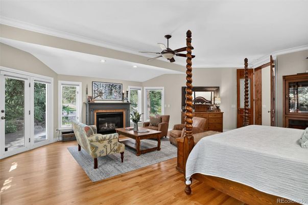 Bedroom, Fireplace, Interior, Recessed Lighting, Wood Texture Flooring