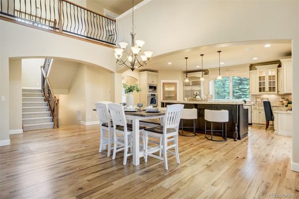 Chandelier, Dining room, Interior, Kitchen, Pendant Lights, Recessed Lighting, Wood Texture Flooring