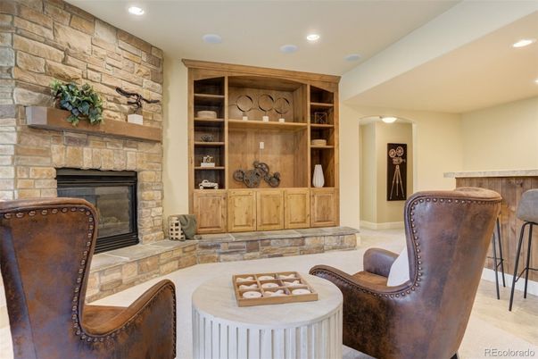 Fireplace, Interior, Recessed Lighting, Stone Walls